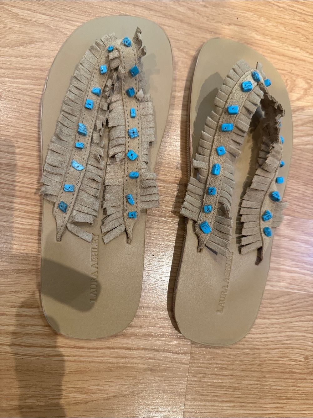 Laura Ashley Tan Suede Fringe Sandals with Turquoise Beads